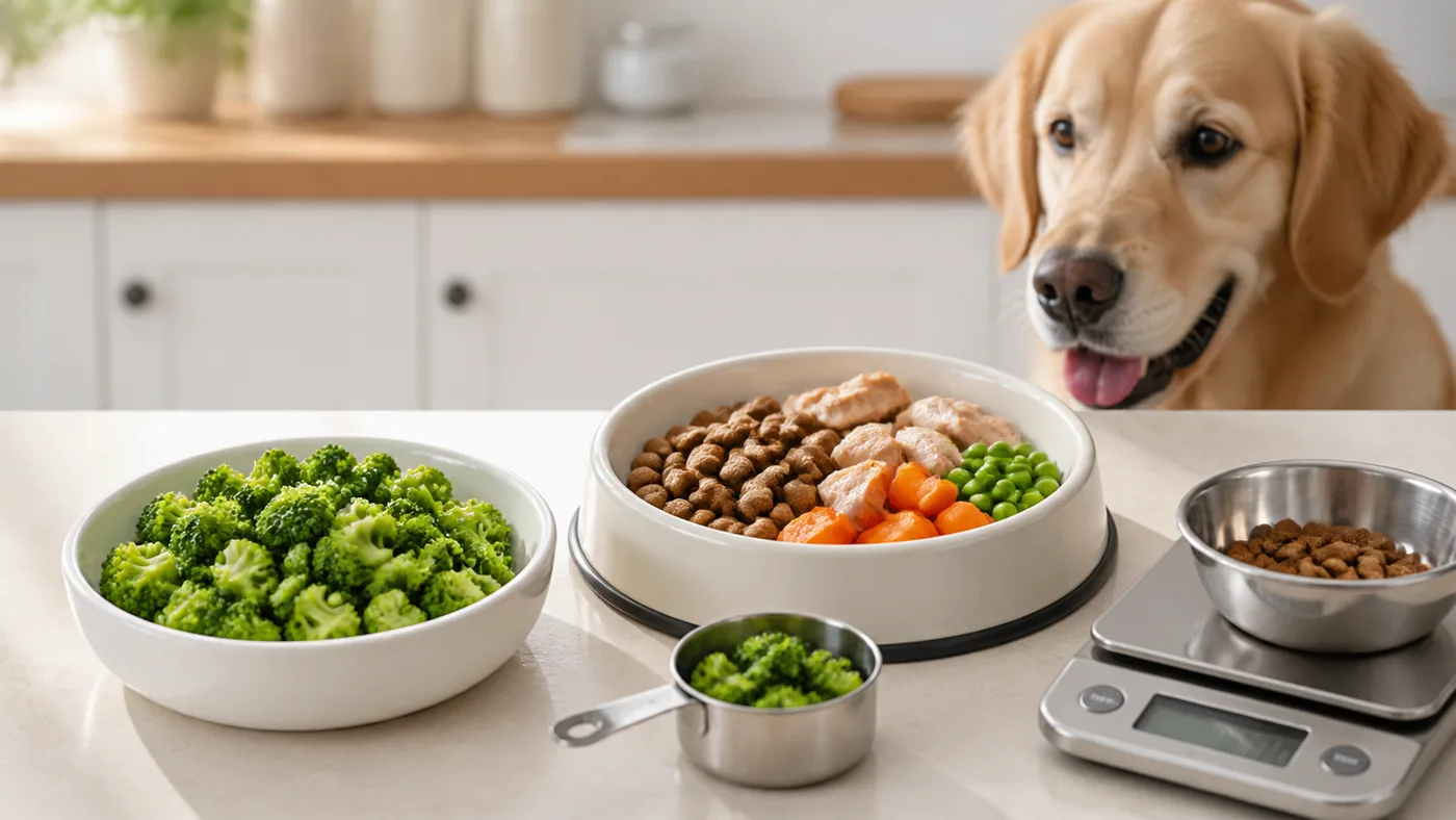 Brocoli cuit vapeur coupé en petits morceaux avec une gamelle de chien