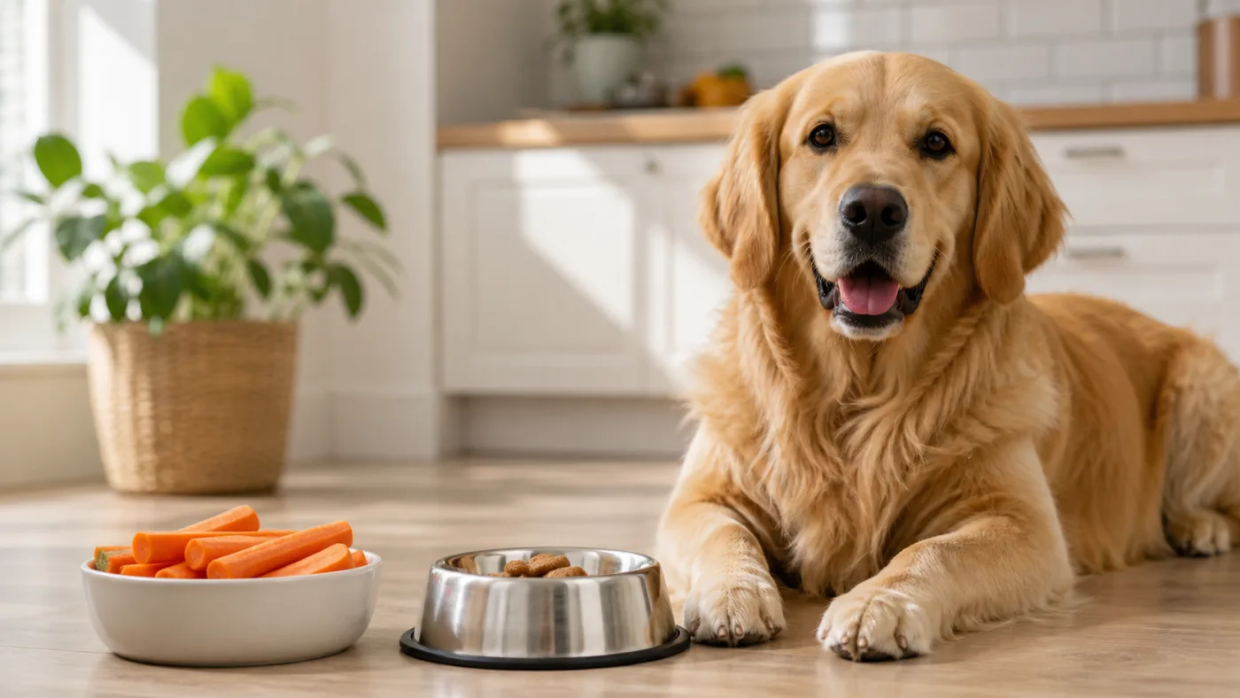 Bâtonnets de carotte coupés pour un chien avec une petite gamelle