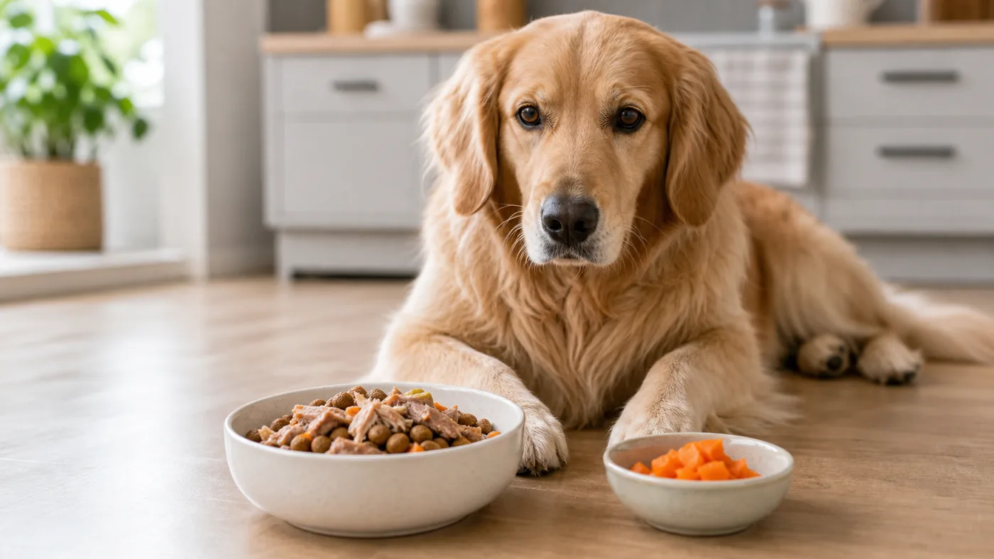 Carottes cuites à la vapeur servies nature avec un repas de chien