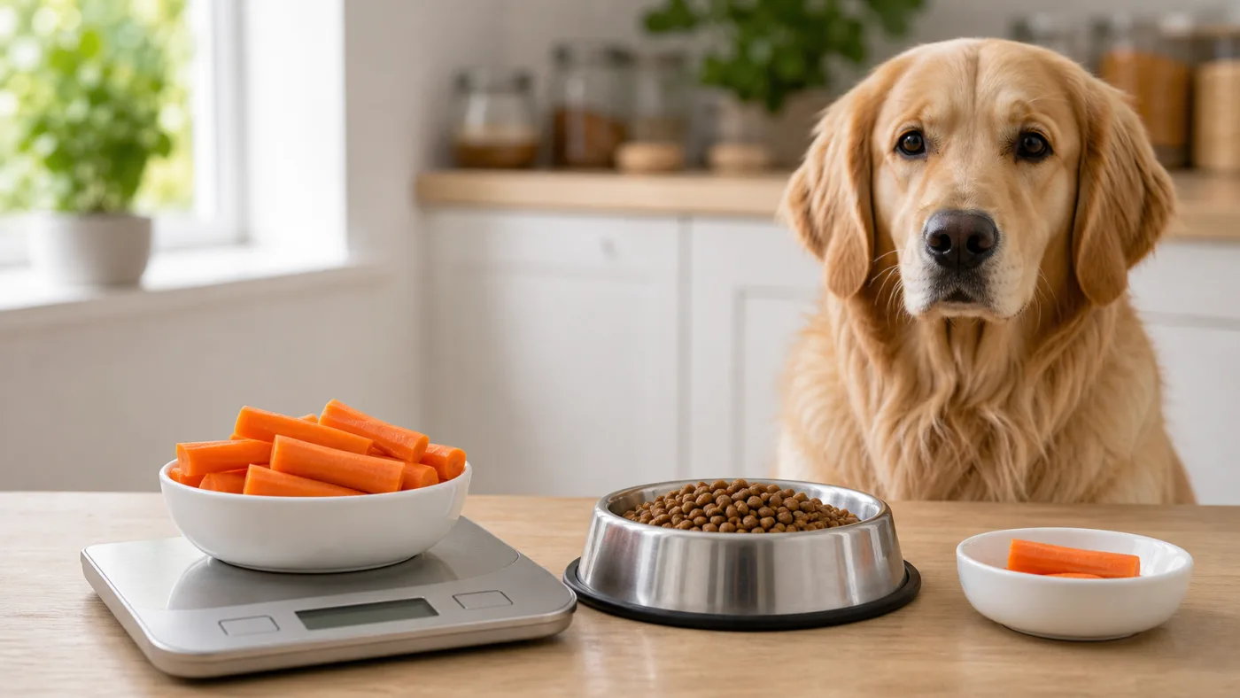 Carottes pesées sur une balance avec une portion de nourriture pour chien