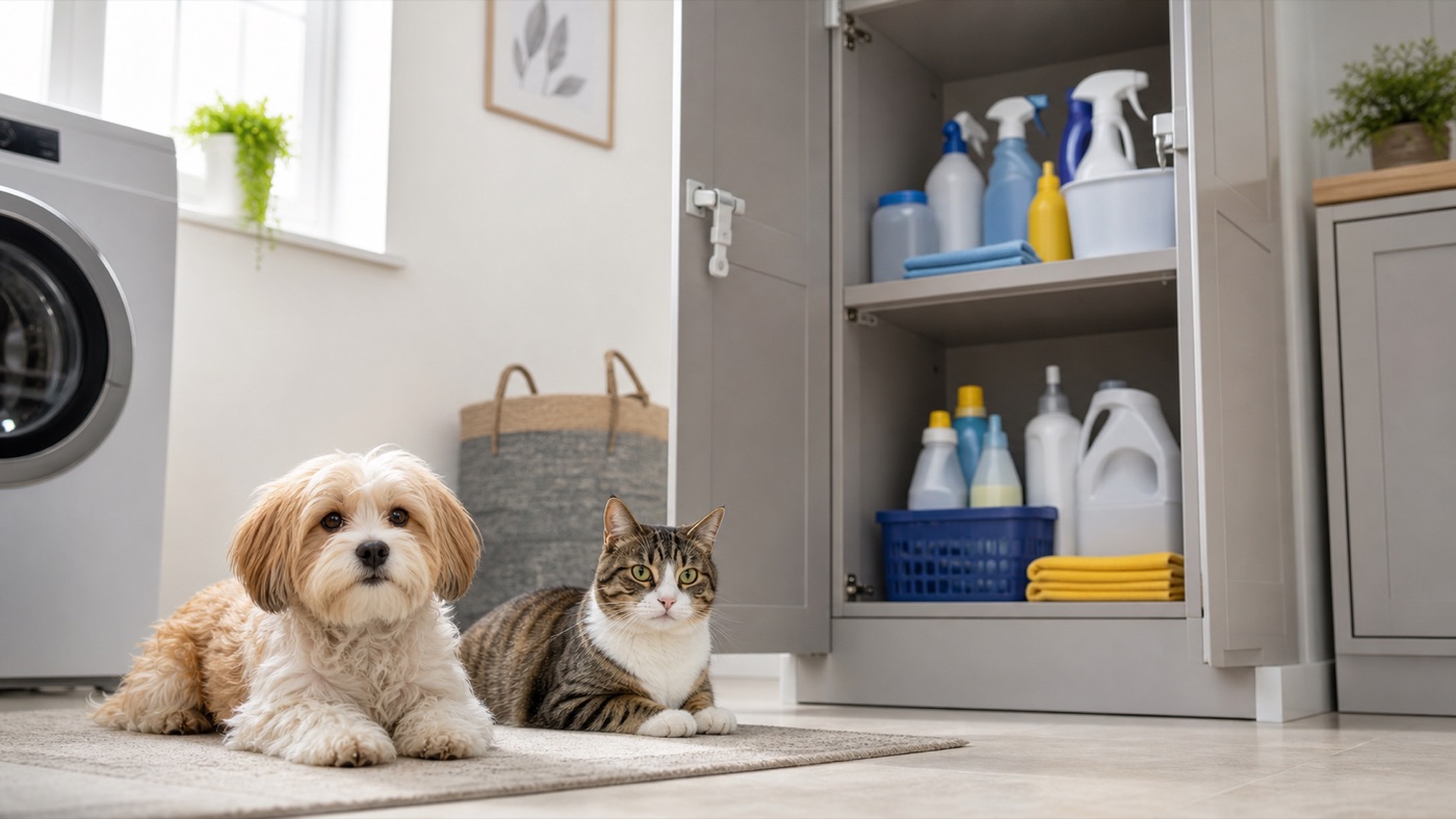 Chien et chat loin d'un placard contenant des produits ménagers