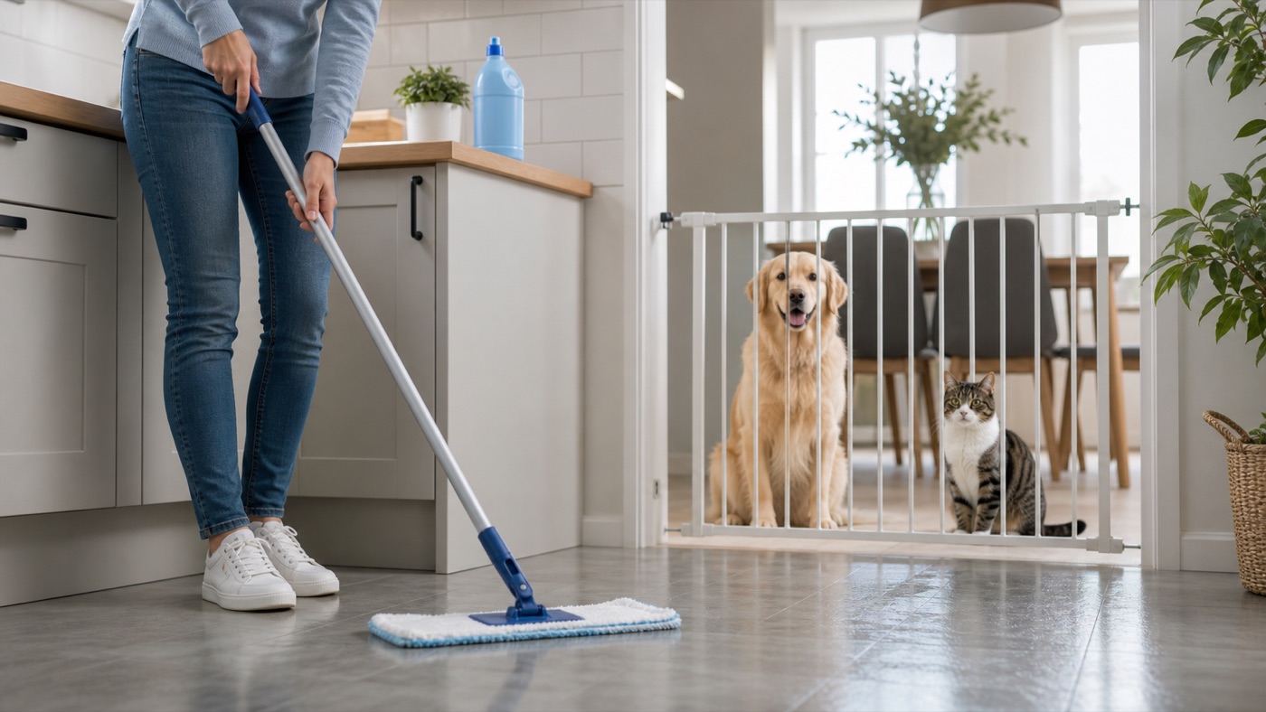 Chien et chat séparés par une barrière pendant le nettoyage du sol