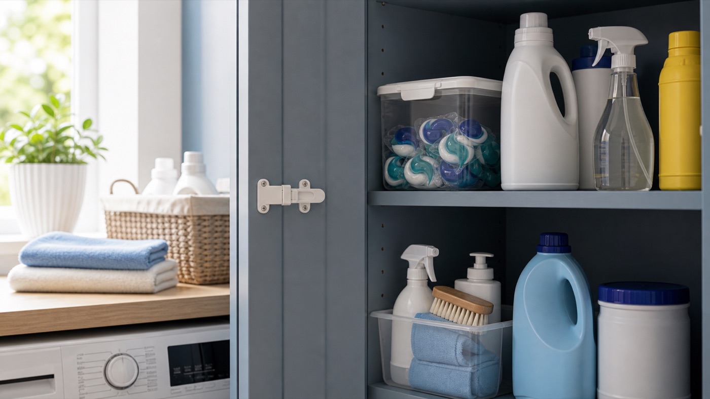 Placard fermé avec lessive et produits ménagers stockés hors de portée