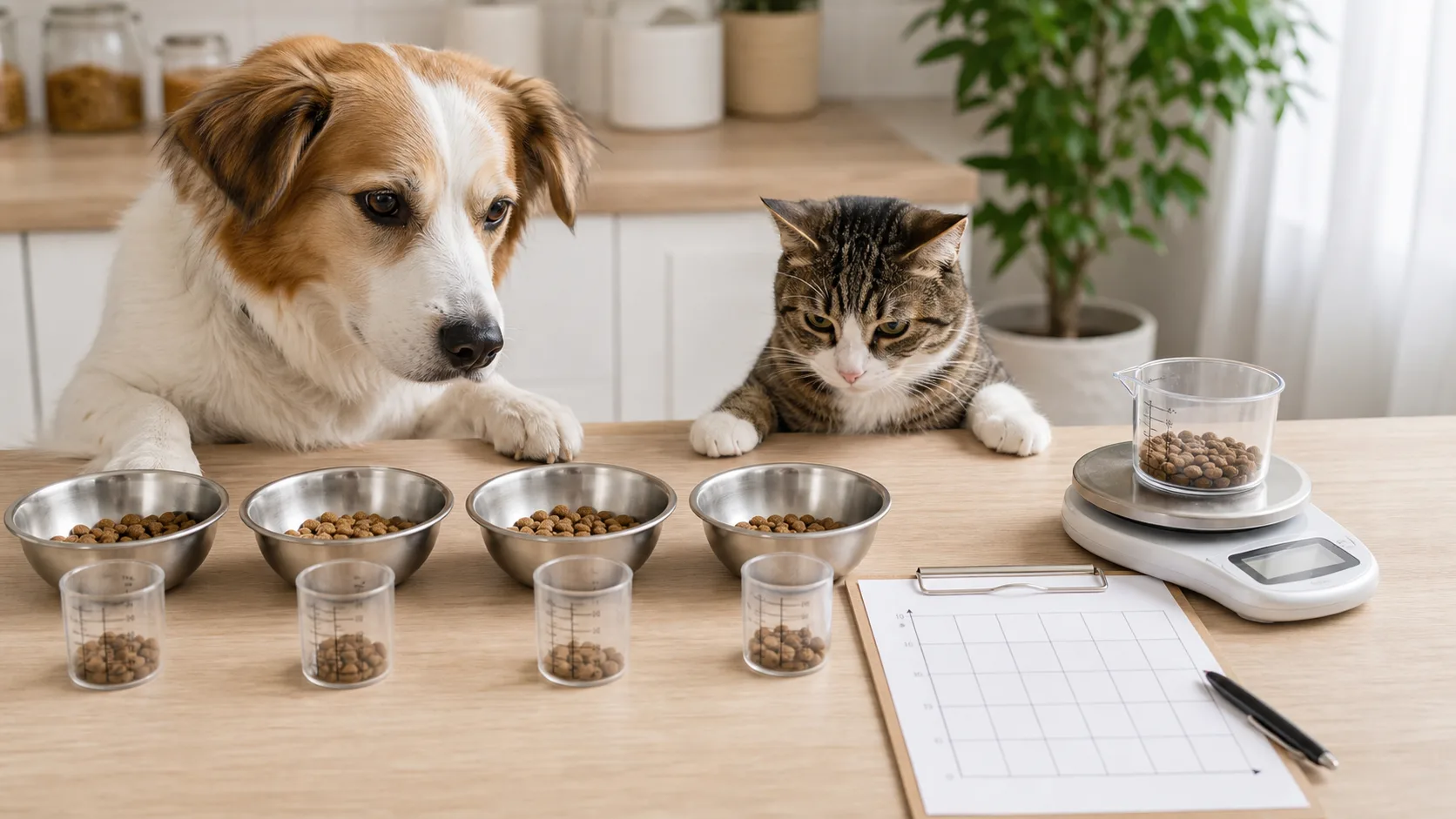 Chien et chat près de portions de croquettes mesurées avec une balance et un graphique vierge