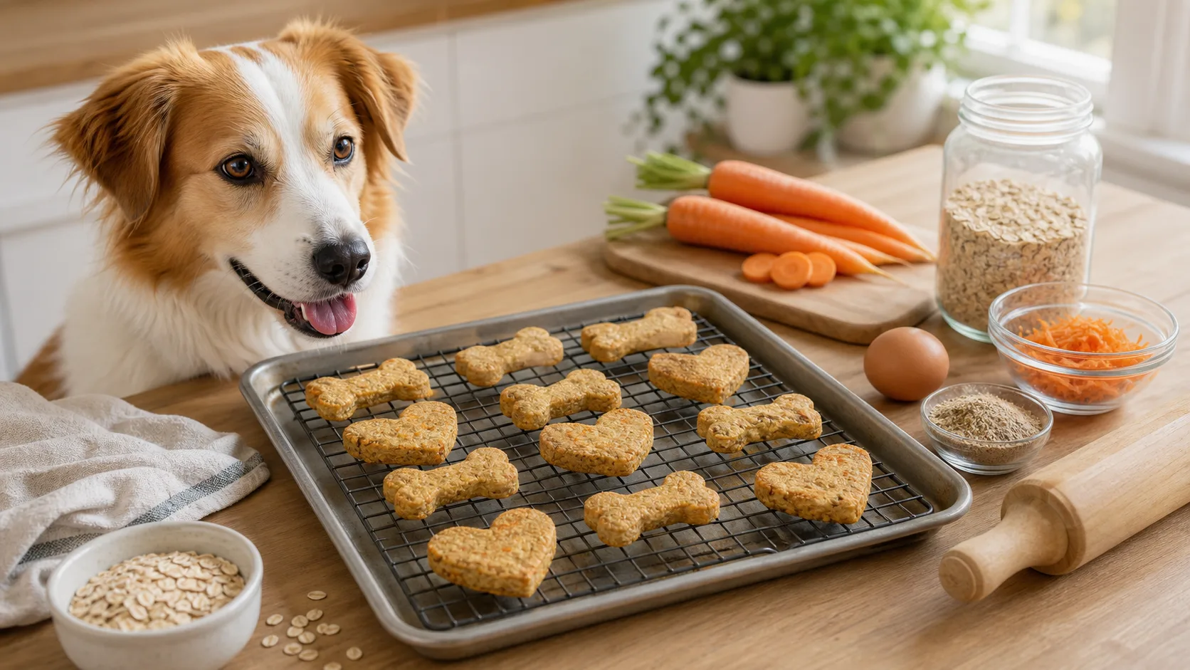 Biscuits maison à la carotte et à l'avoine pour chien sur une plaque de cuisson