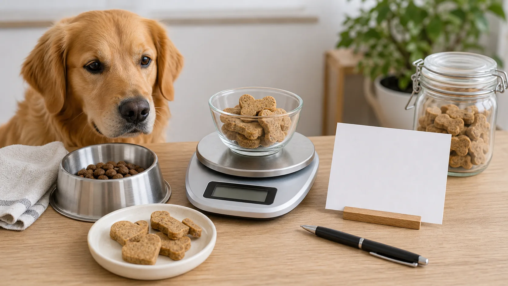 Friandises pour chien pesées avec une carte de ration calorique et une gamelle