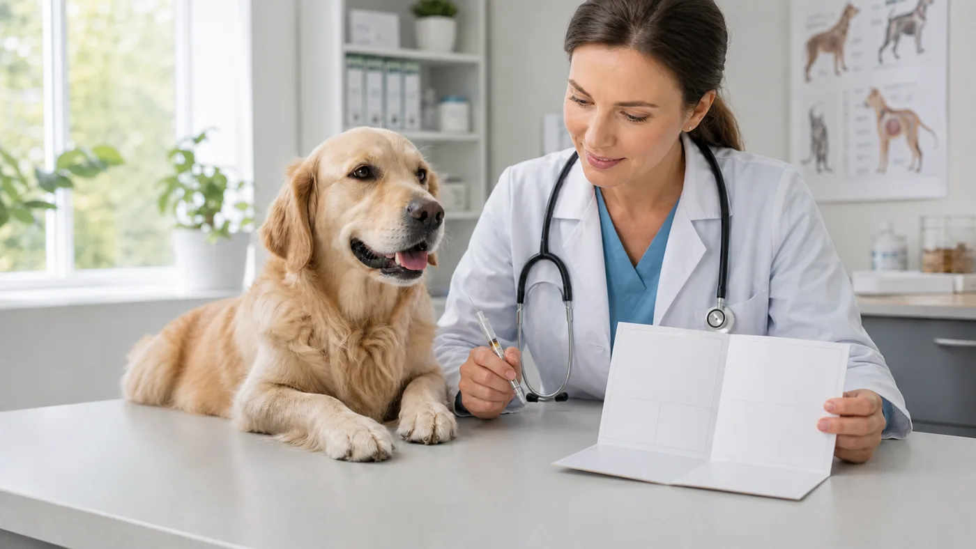 Chien calme en consultation vétérinaire avec carnet de vaccination vierge
