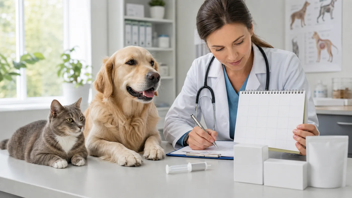 Chat en consultation vétérinaire avec calendrier de vermifugation