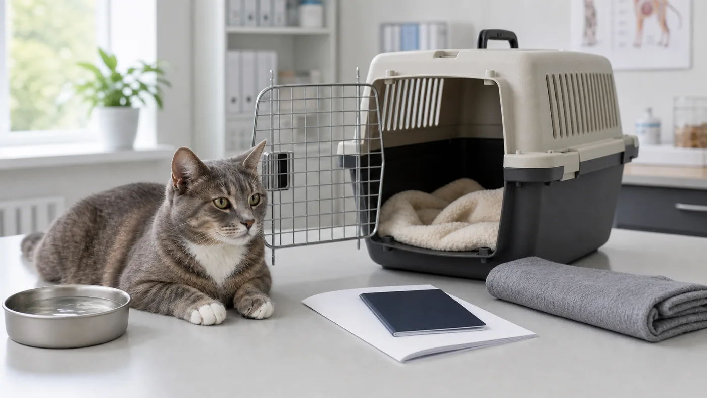 Chat calme près d'une caisse de transport ouverte et de documents de voyage