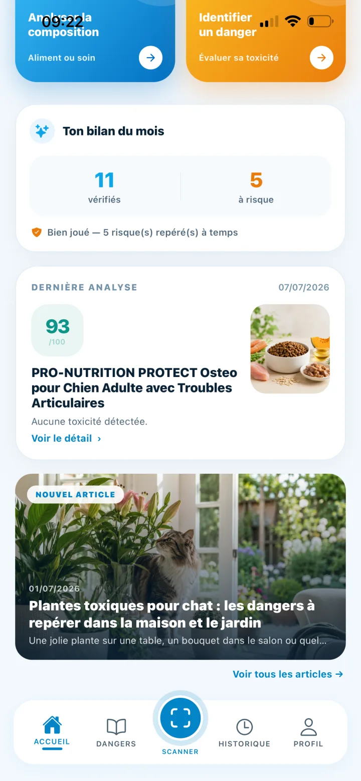 Tableau de bord VetSafe avec bilan du mois, dernière analyse et article de prévention