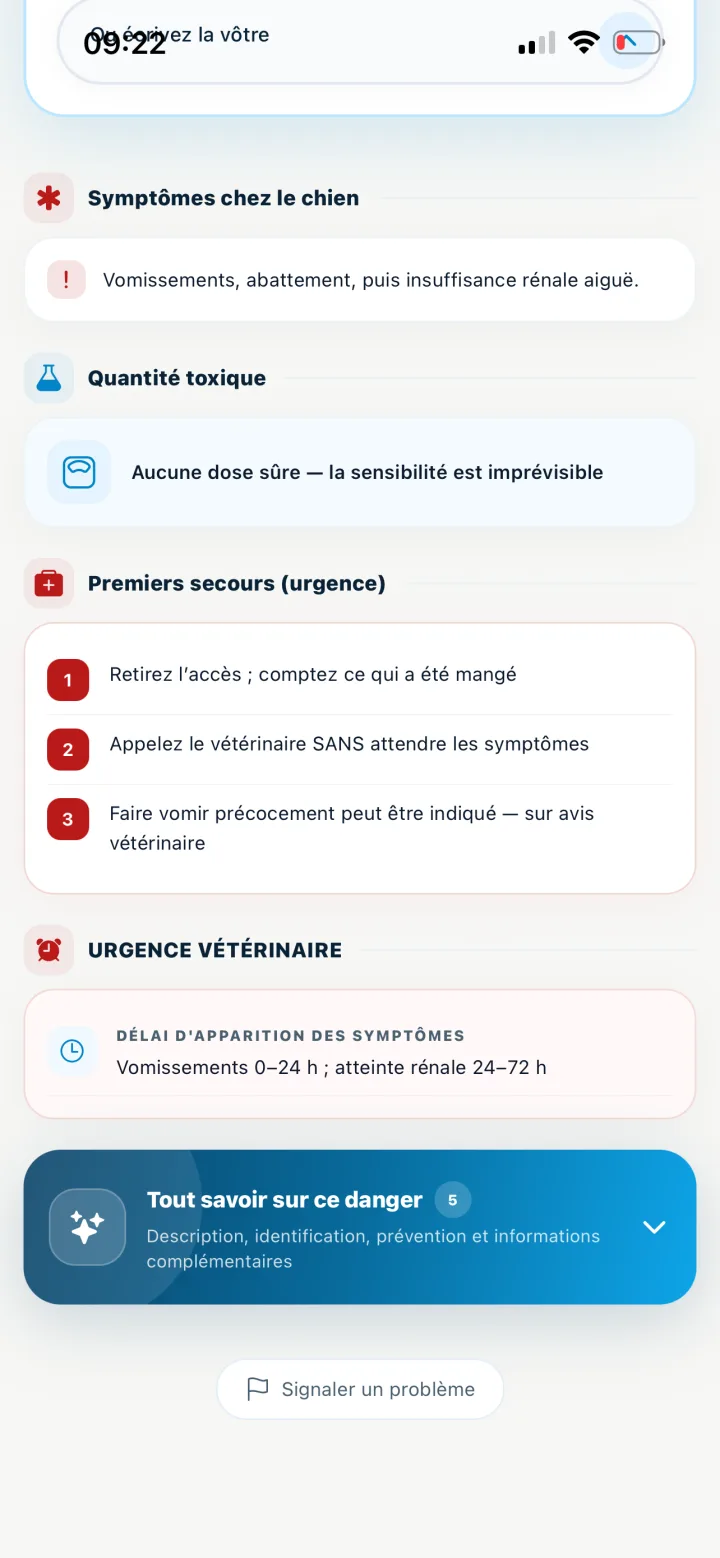 Détail d'une fiche danger VetSafe avec assistant et informations de toxicité