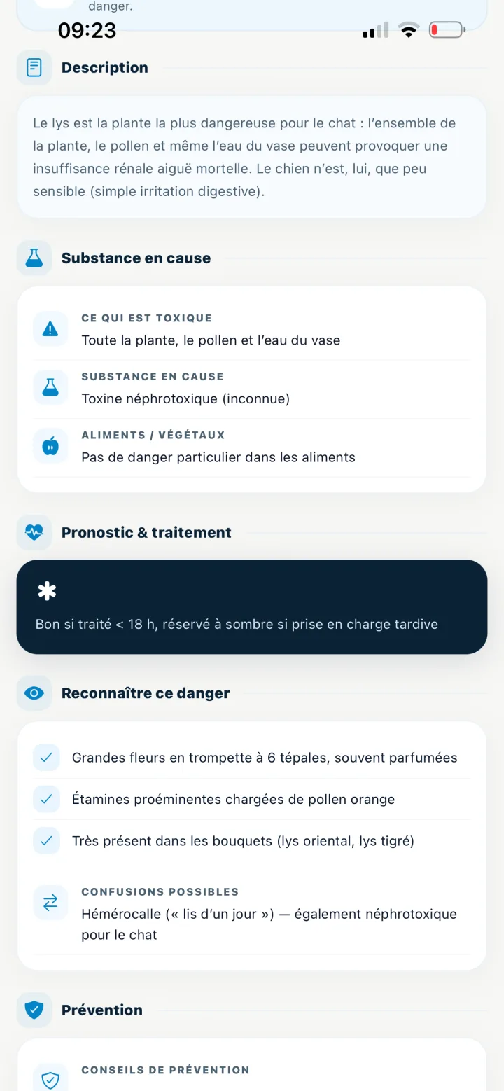 Description et substances en cause dans une fiche danger VetSafe