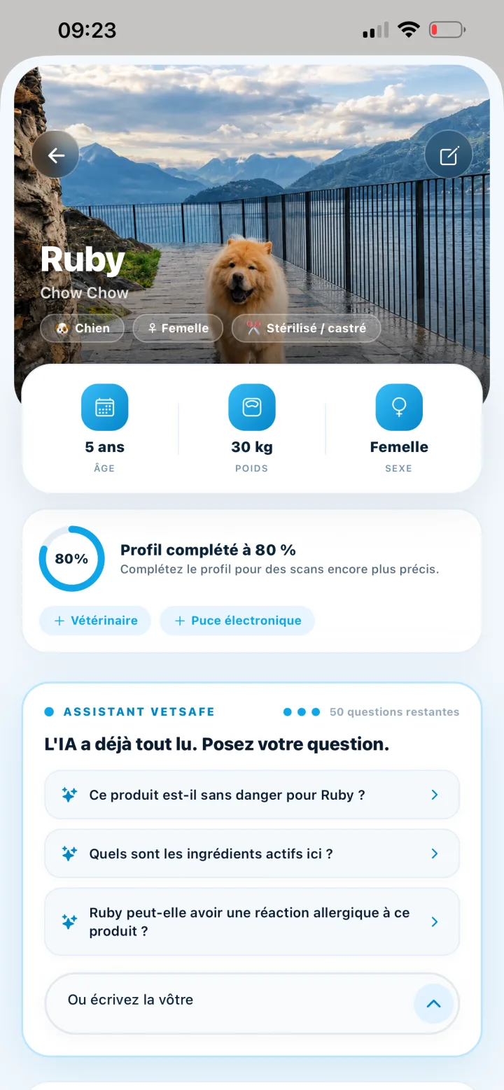 Profil animal Ruby dans l'application VetSafe