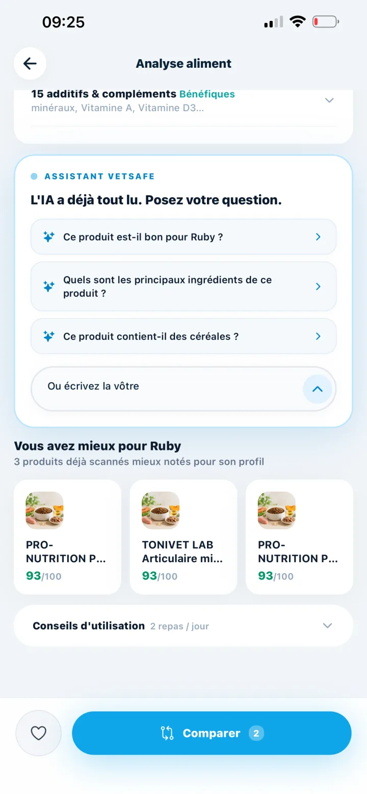 Assistant VetSafe pour poser une question sur une analyse